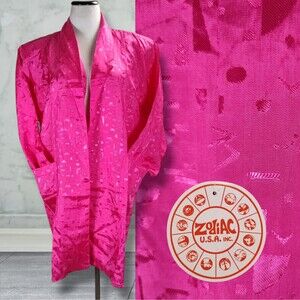 Vintage 80s Zodiac Oversized Jacket Size M Pink Rayon Jacquard Open Front Blazer